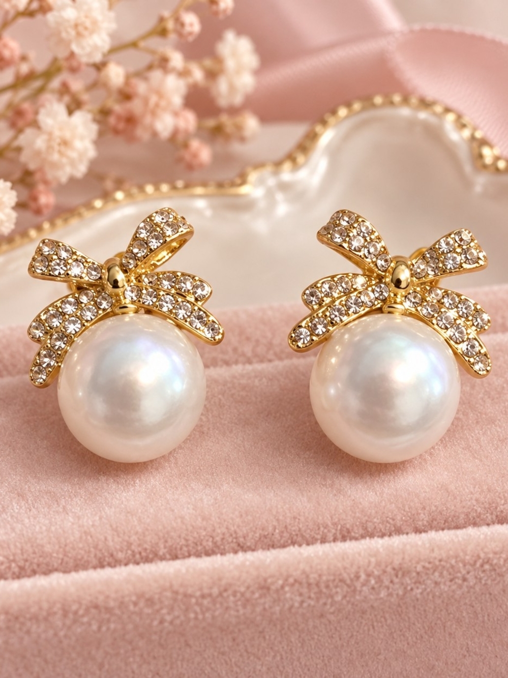 New Gold Tone Metal Faux Pearl Rhinestone Crystal Bow Post Back Earrings